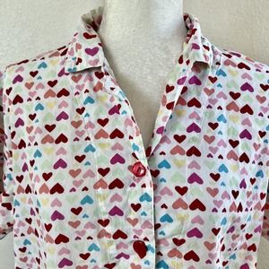 Allison Rhea Button Up Shirt Women’s Medium Multicolor Hearts Print Short Sleeve